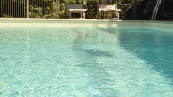 Outdoor pool, open 9:30 AM to 7:30 PM, pool umbrellas, sun loungers