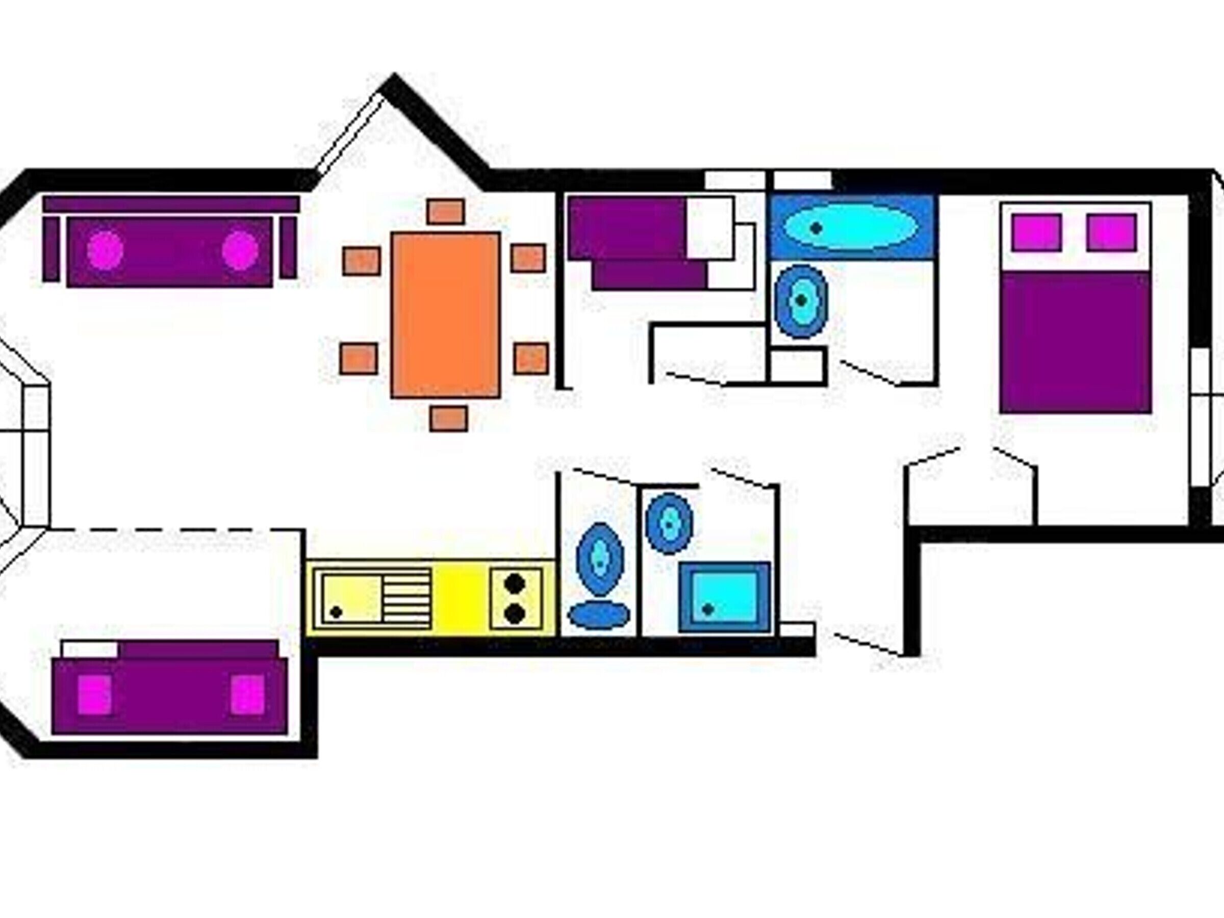 A floor plan with a living area, kitchen, and two bedrooms.