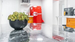 Una cocina moderna con encimera de mármol negro, una planta en maceta y un electrodoméstico rojo al fondo.