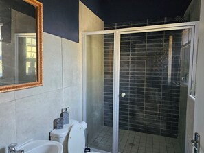 Een douche, een haardroger, handdoeken, zeep