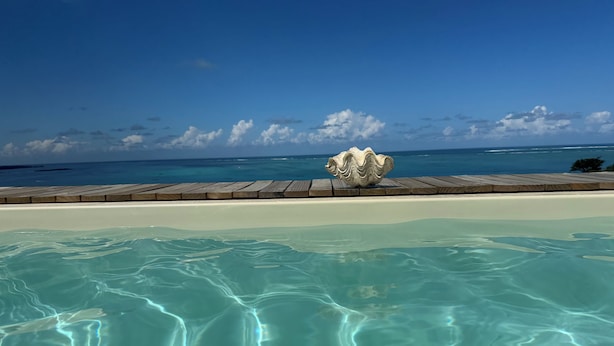 A clear pool with a wooden deck and a large shell decoration, overlooking a beach and ocean.