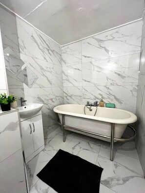 Shower, hair dryer, bidet, towels