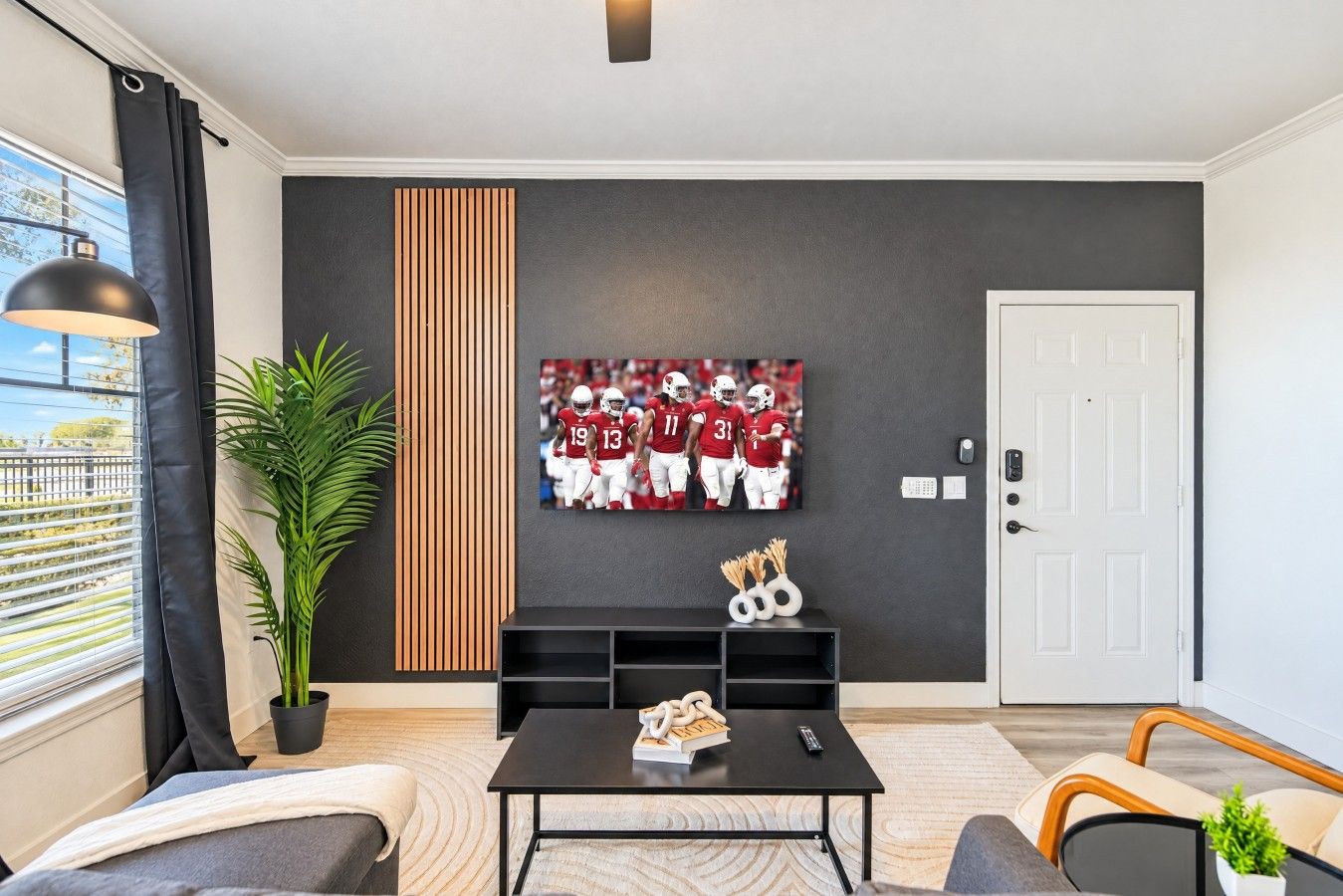 A modern living room with a flat-screen TV, a black coffee table, a sofa, and a potted plant.