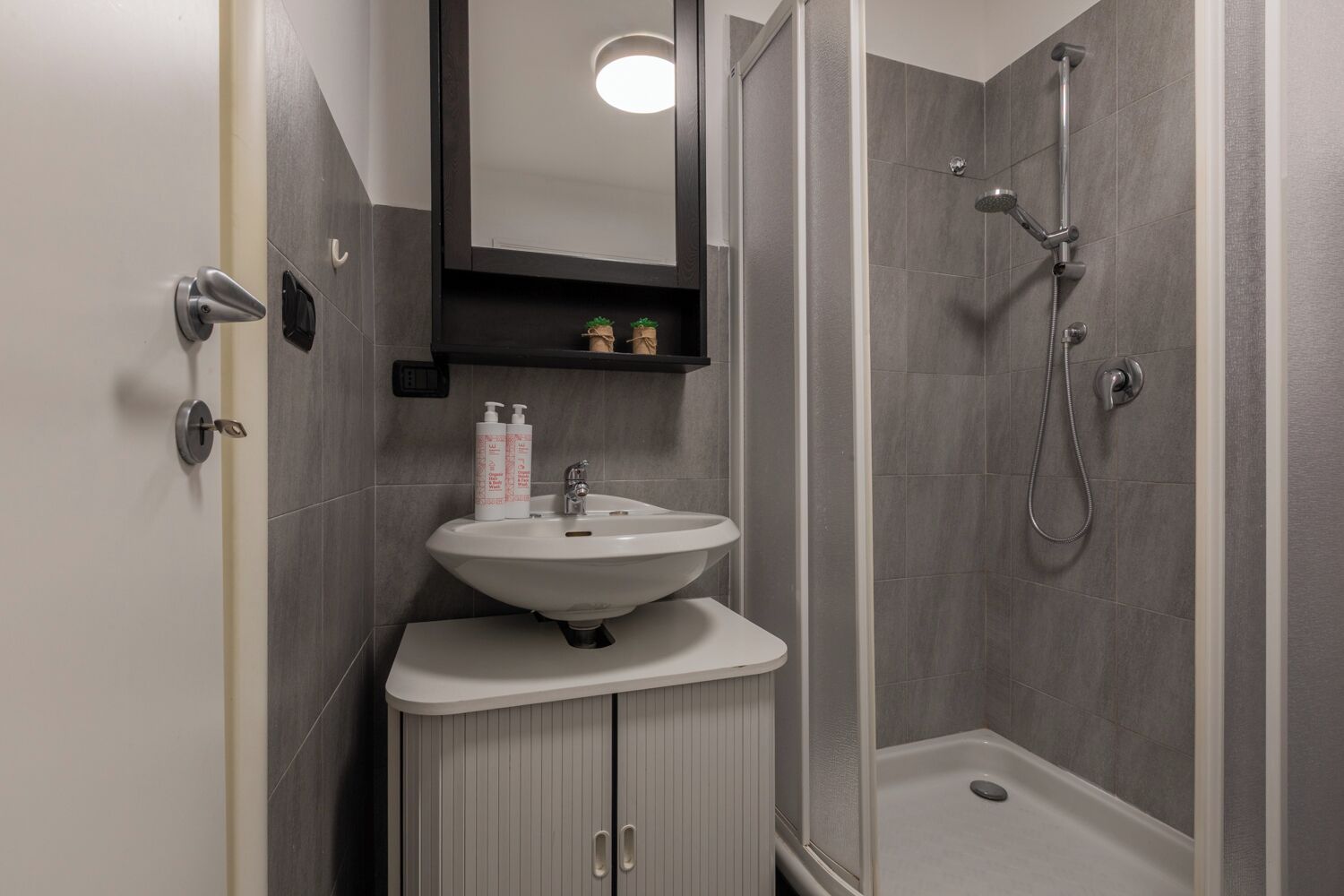 Une salle de bain avec un lavabo blanc, un miroir et un espace douche.
