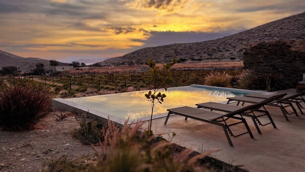 Una piscina con sillas de descanso, rodeada de vegetación desértica y un muro de piedra, bajo un cielo al atardecer.