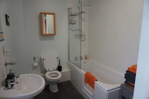 Combined shower/tub, deep soaking tub, hair dryer, towels