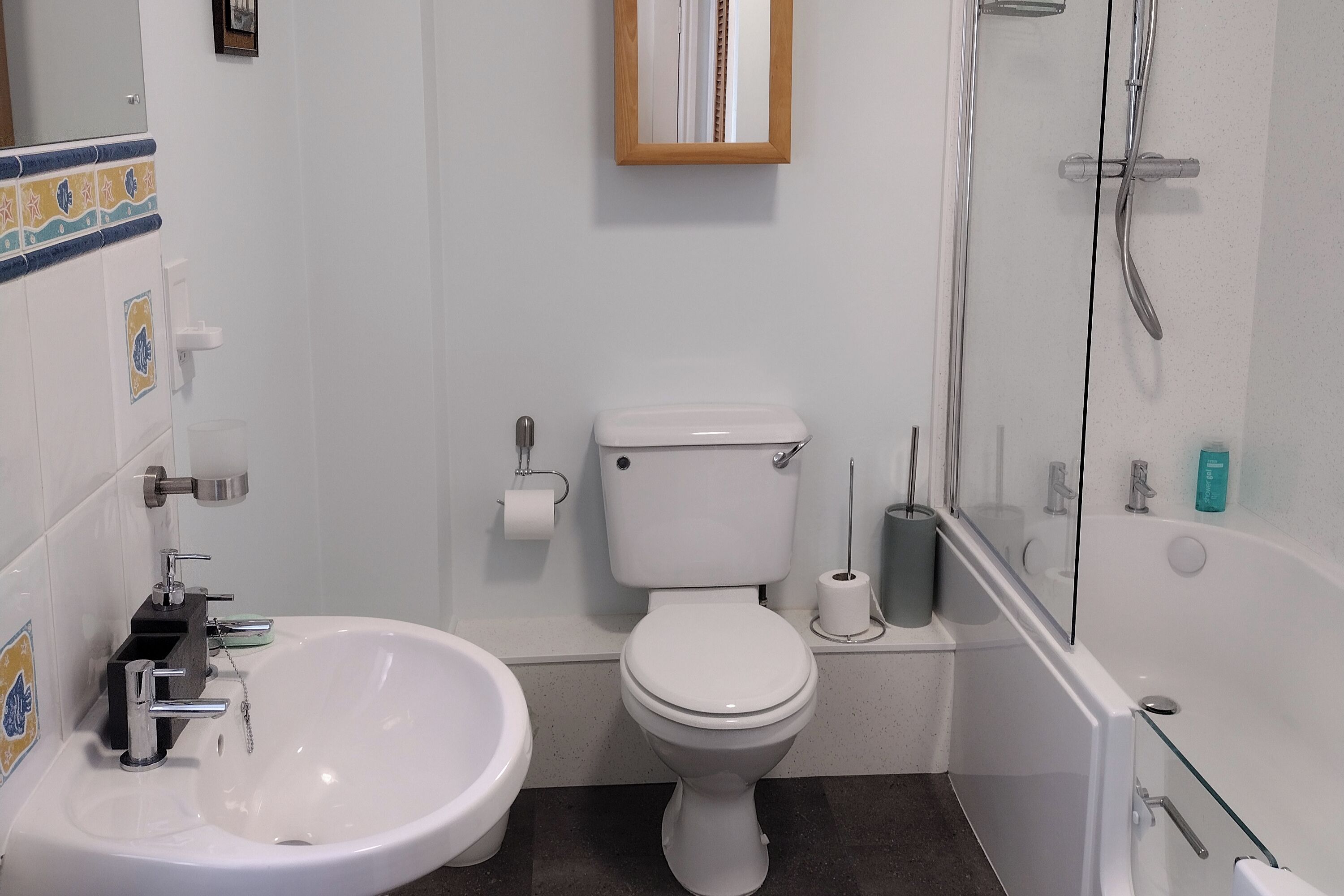 Combined shower/tub, deep soaking tub, free toiletries, hair dryer