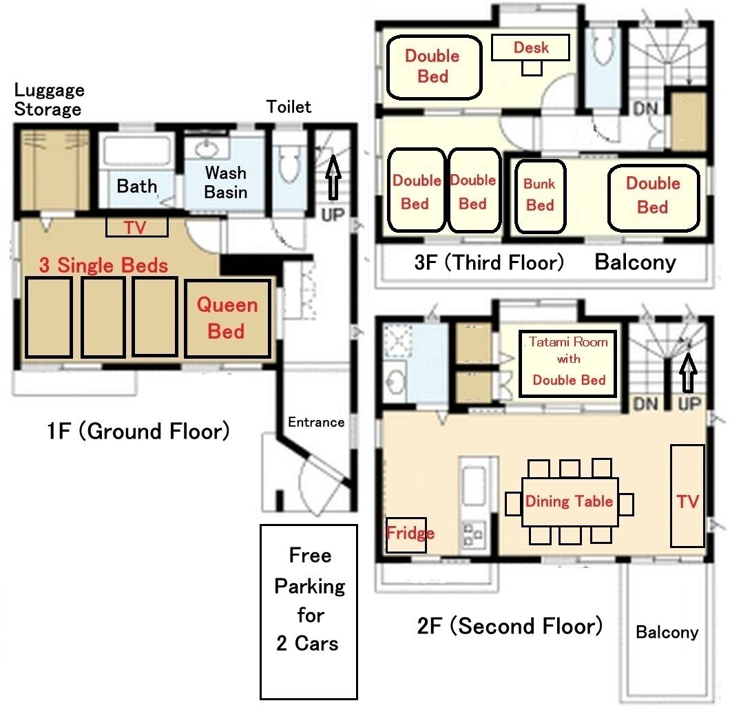 A hotel layout with 3 single beds, a queen bed, and a TV on the ground floor. The second floor has a dining area, TV, and a tatami room with a double bed.
