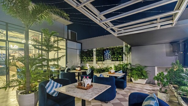 A modern indoor seating area with blue upholstered chairs, a checkered floor, and potted plants. - Treebo Viennahttps://apps.expediapartnercentral.com/ (Jaipur)