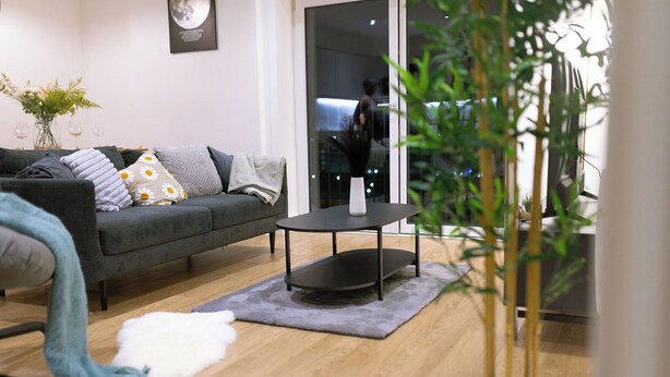 A modern living room with a grey sofa, a black coffee table, and a potted plant. - Birmingham City centre apartments (Birmingham)