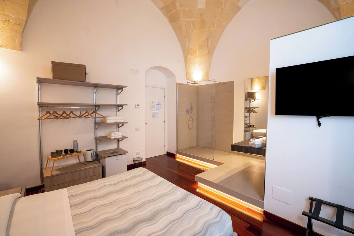 A hotel room with a bed, a wardrobe, a shower area, and a TV mounted on the wall.