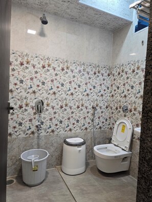 Shower, designer toiletries, bidet, towels
