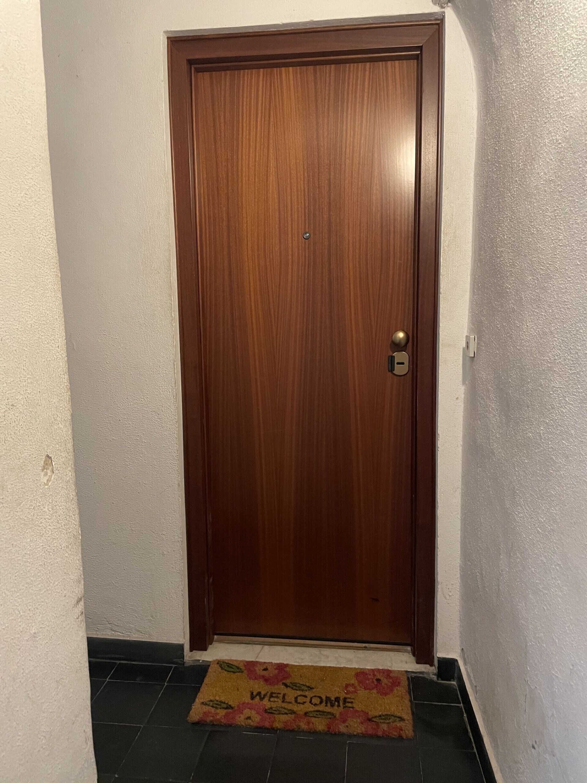 Una porta de fusta amb un pom i un pany, un felpí amb motius florals i un sòl de rajoles negres.