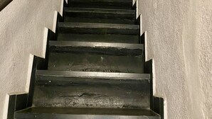 A staircase with a handrail on the left and a green door at the top. - Ancient House by Wonderful Italy (Sanremo)