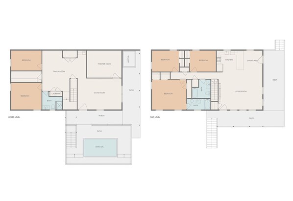Dos planos de planta de un hotel, cada uno con varias habitaciones, un salón, comedor, cocina y una piscina.