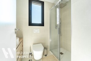 Shower, hair dryer, towels