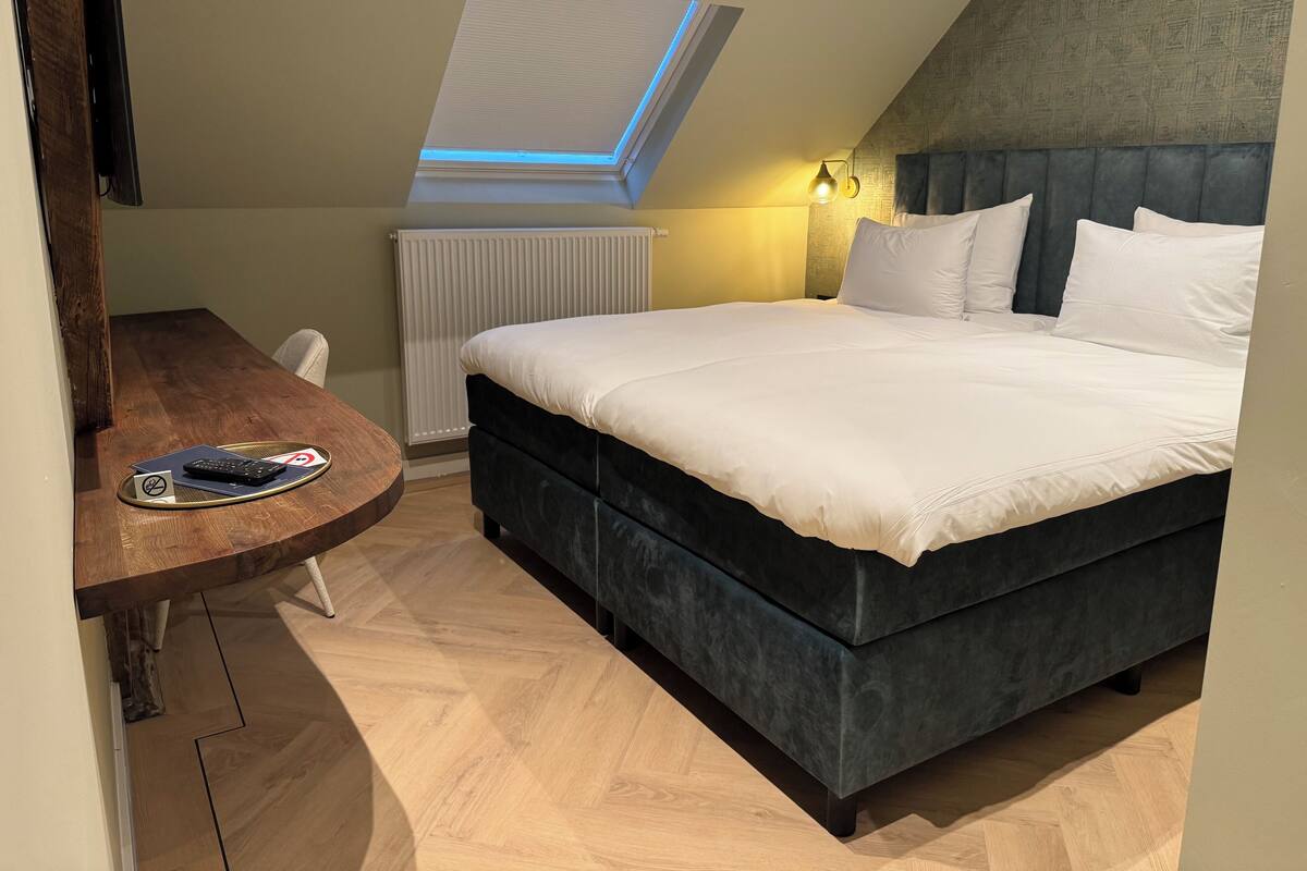 Un dormitorio con cama, escritorio y tragaluz.