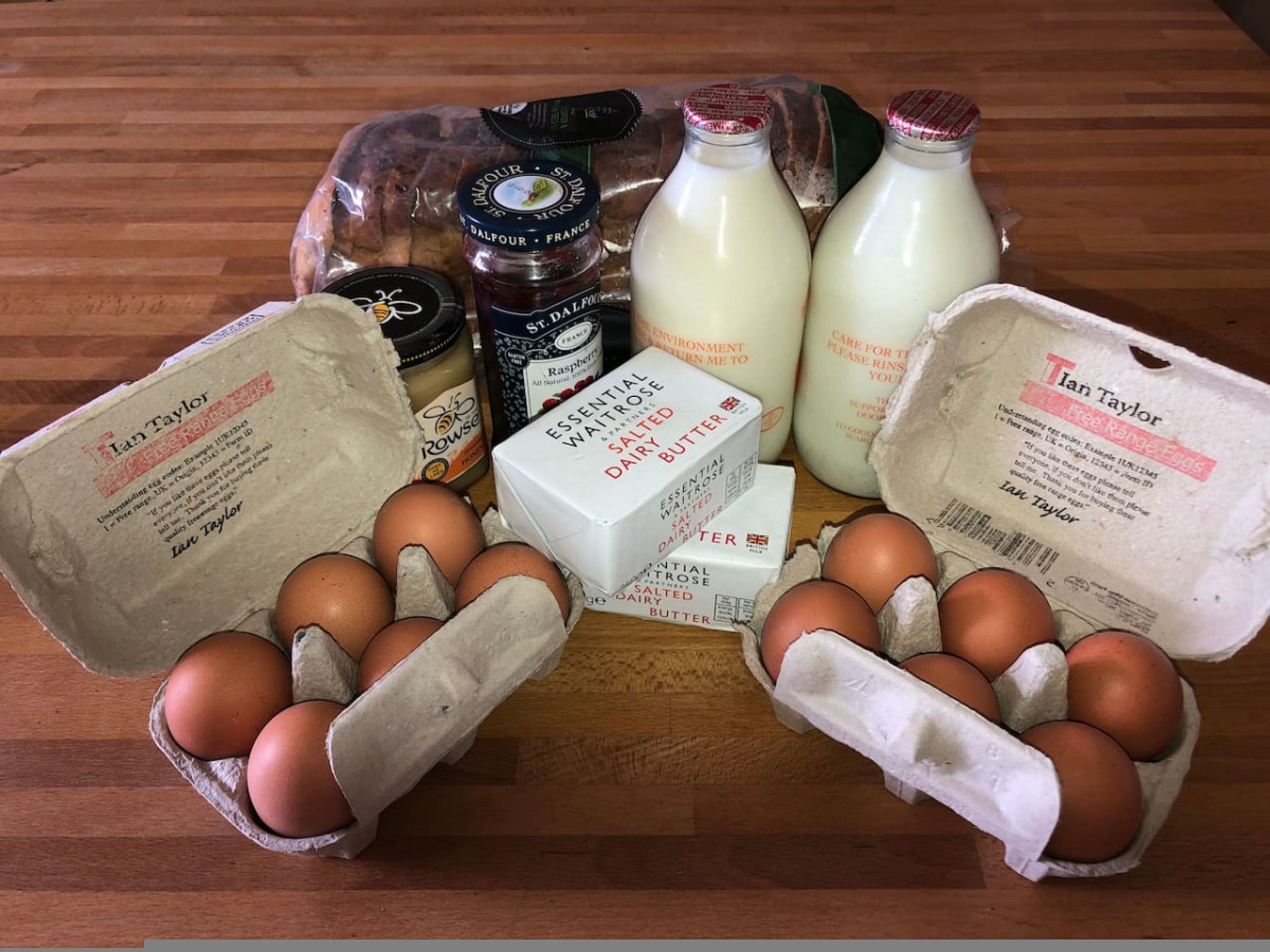 A kitchen counter with eggs, butter, jam, and milk.