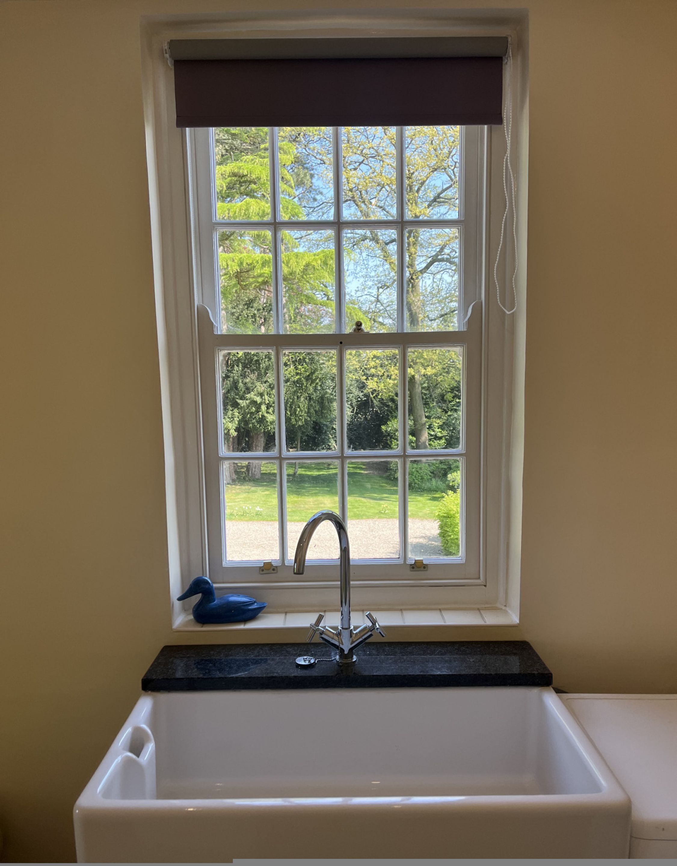 A bathroom with a window, a sink, and a blue rubber duck.