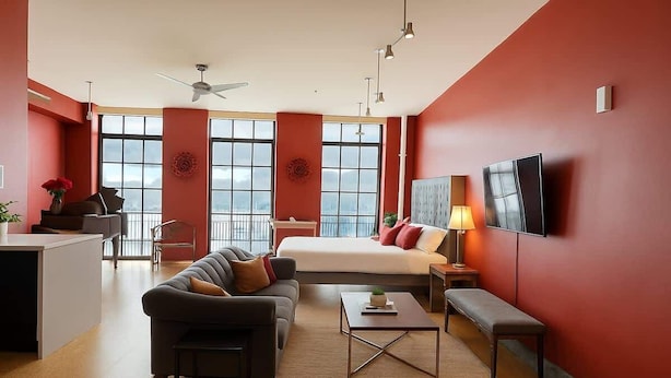 A modern hotel room with a large bed, a sofa, a desk, and a TV.