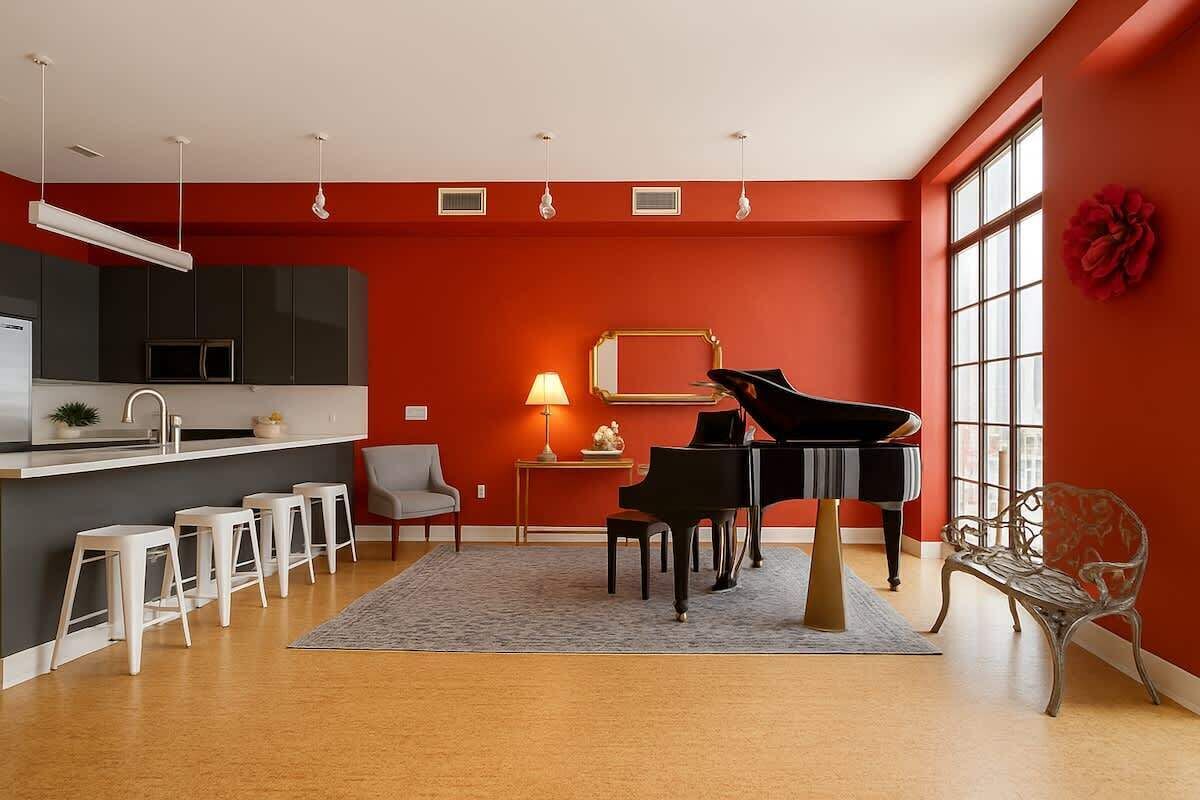A modern kitchen with a black stove, white bar stools, and a dining area with a piano.