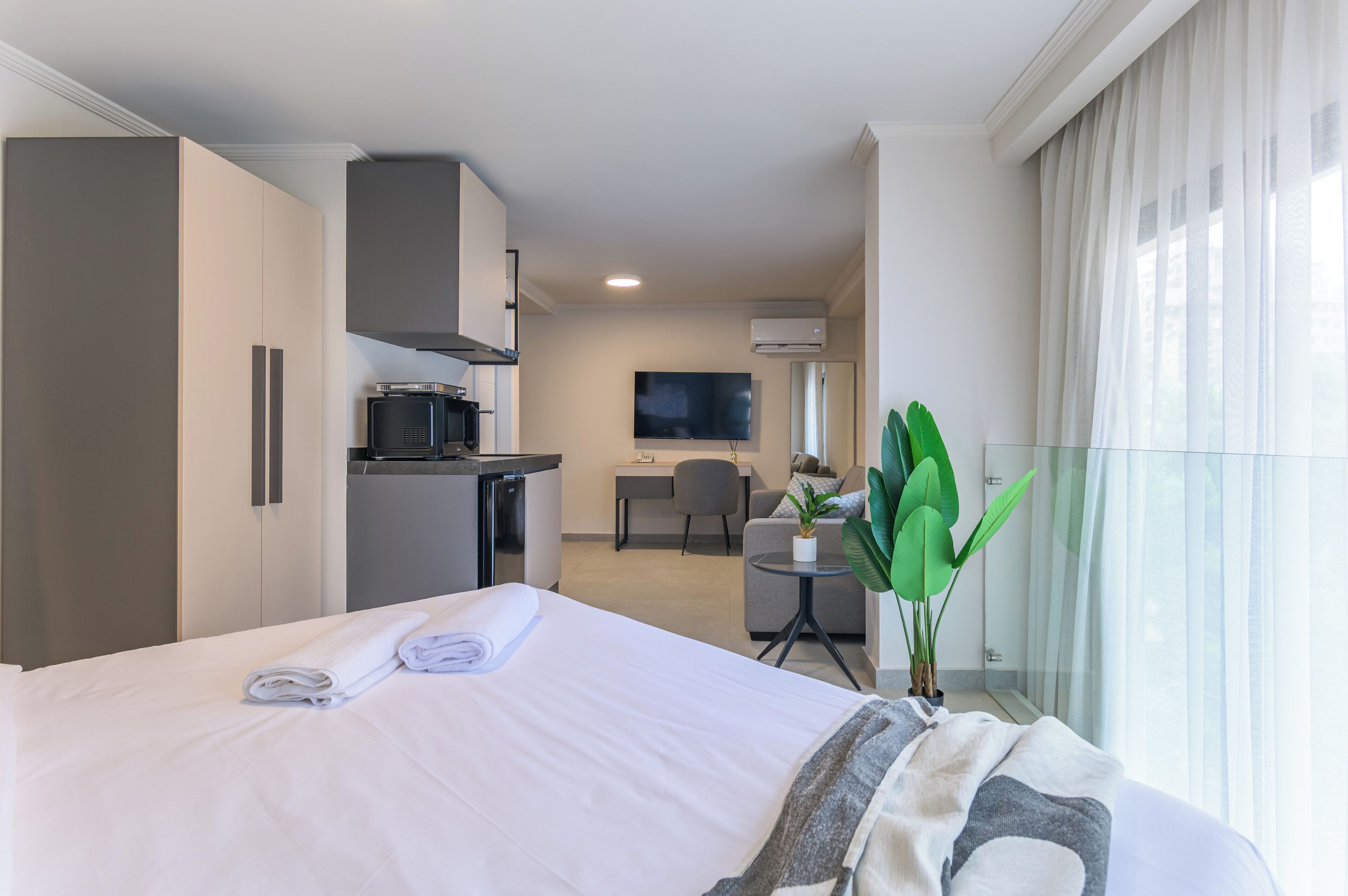 Una habitación de hotel con cama, escritorio, silla, televisor y planta.
