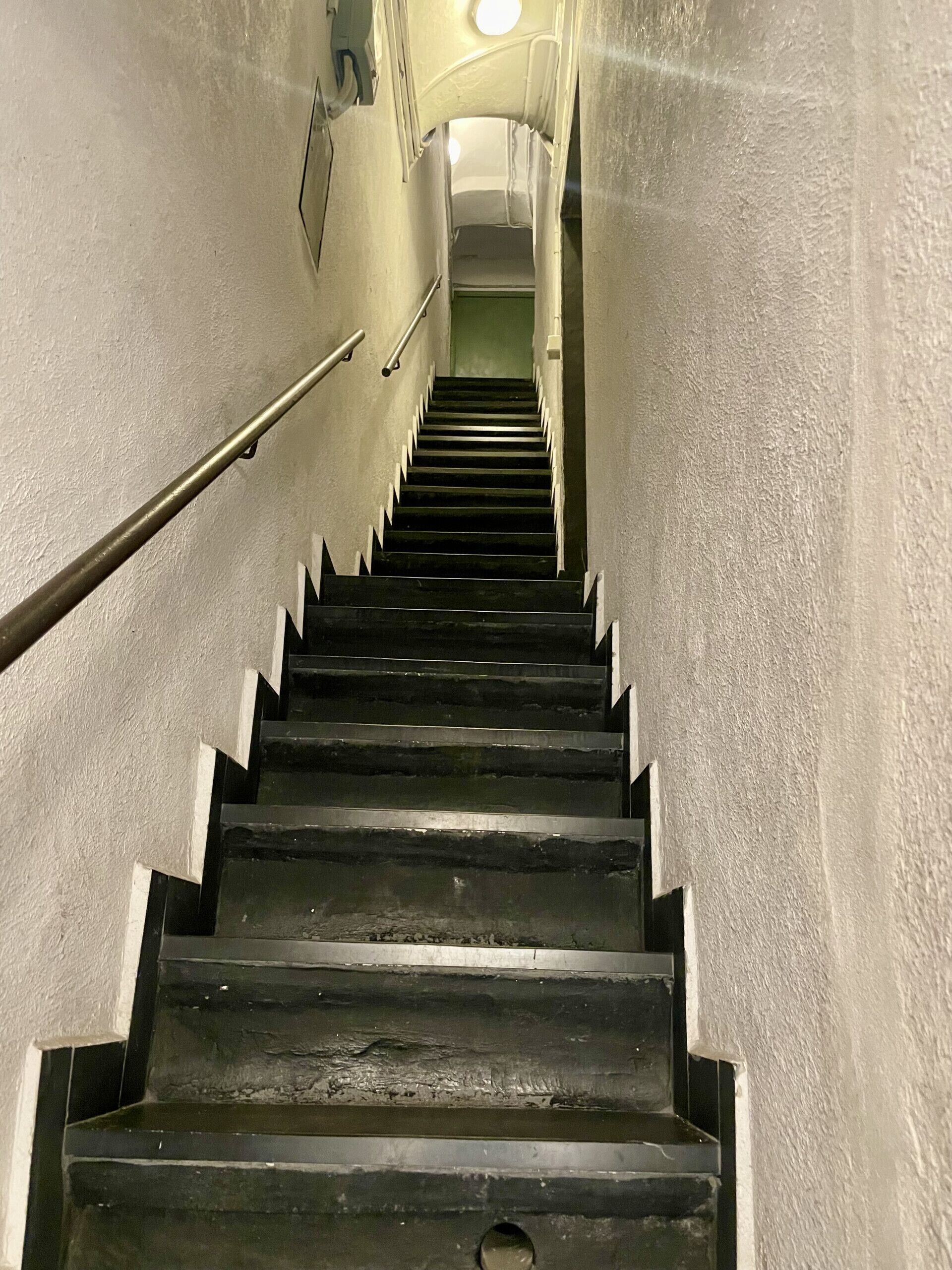 Un escalier avec une main courante sur le côté gauche et une porte verte en haut.