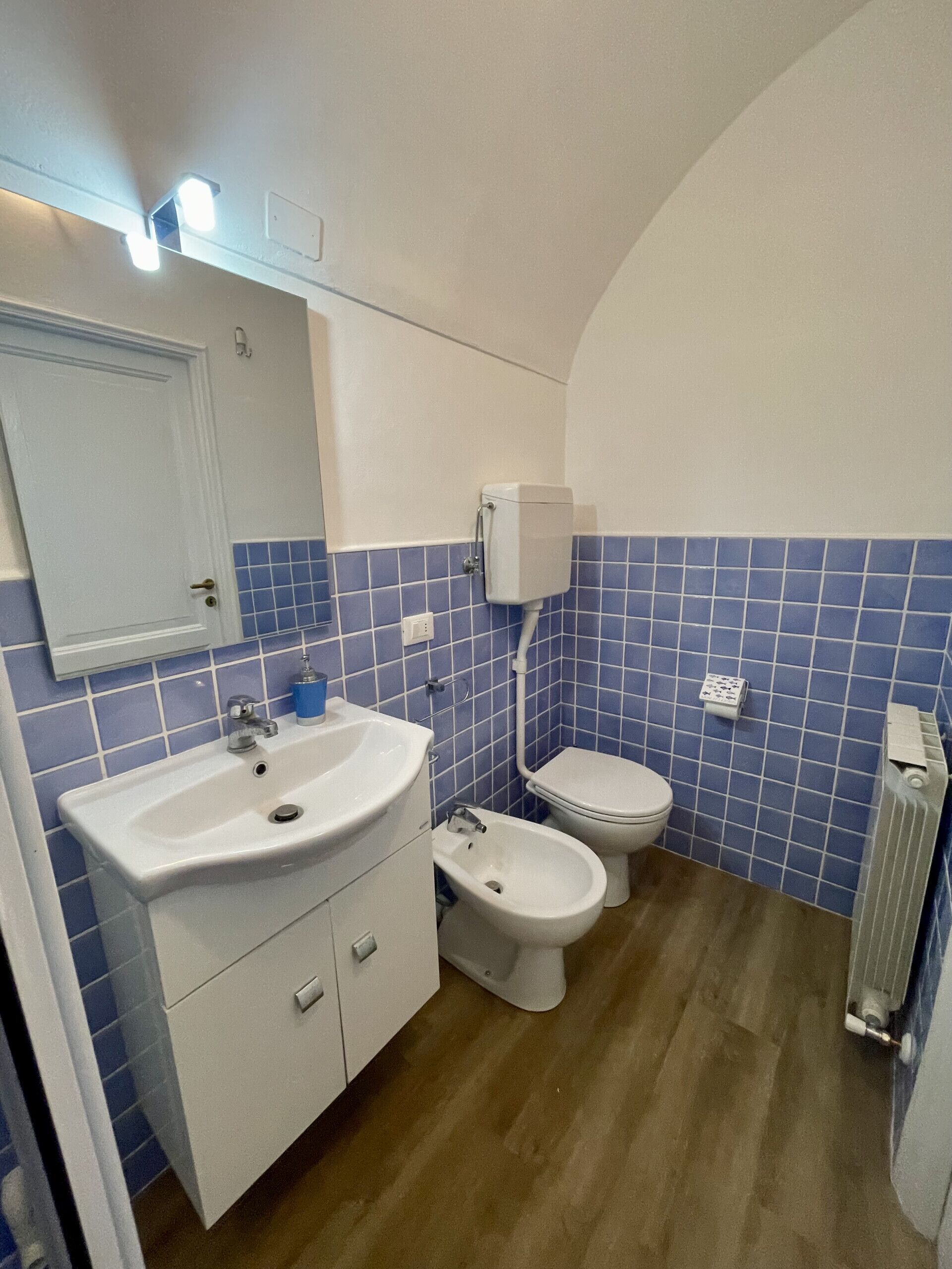 Een badkamer met een witte wastafel, toilet en een douchetoilet. De wanden zijn betegeld in blauw, en er is een witte radiator.