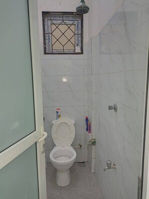 Shower, towels, soap, toilet paper
