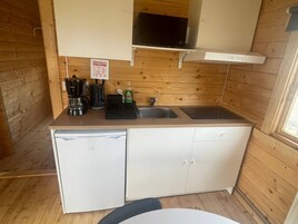 Mini-fridge, microwave, stovetop, electric kettle