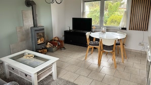 A living room with a fireplace, a TV, a dining table with chairs, and a sofa.