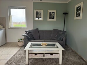 A living room with a grey sofa, a white coffee table with storage drawers, a window with a view, and three framed pictures on the wall.