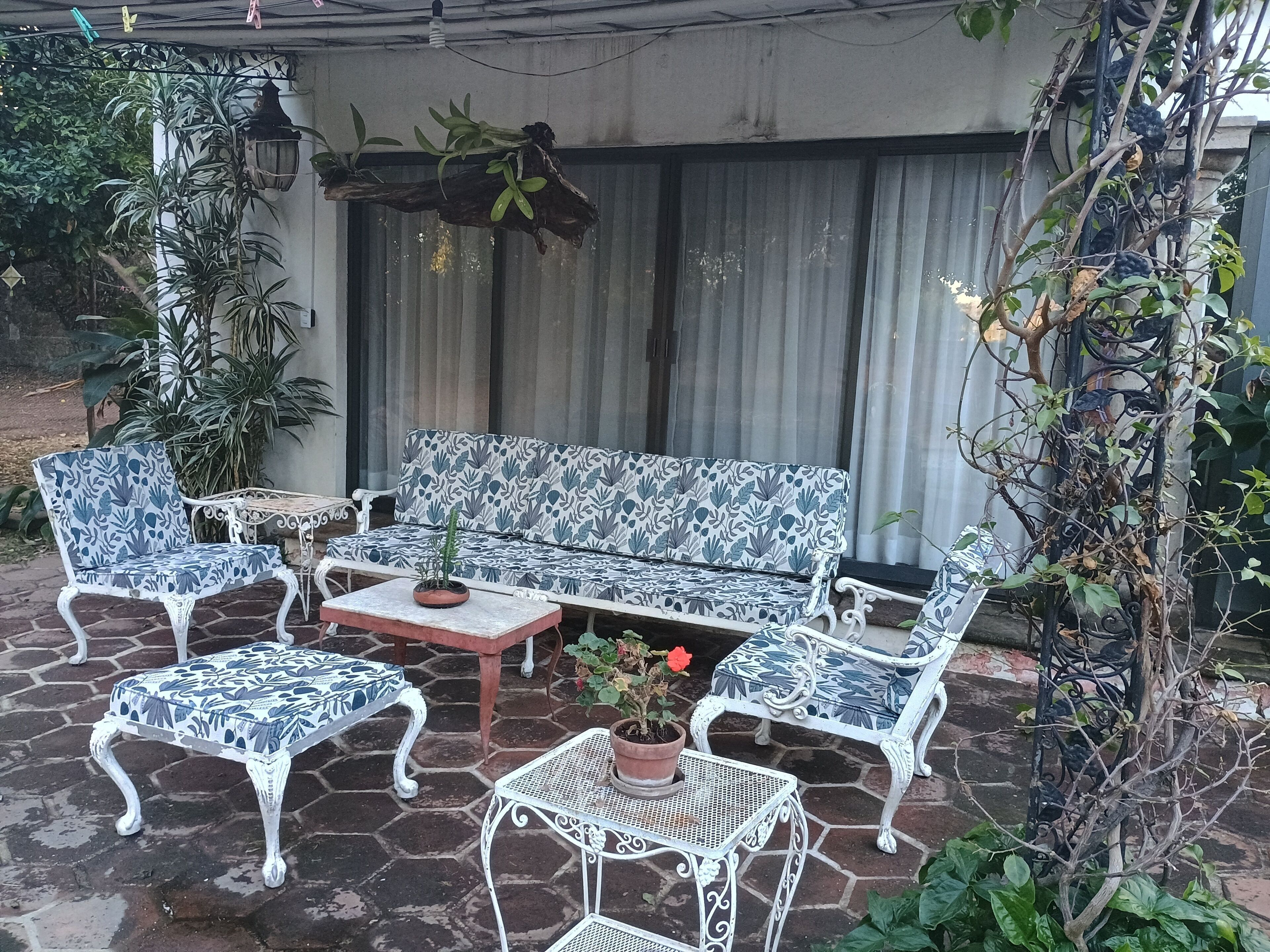 An outdoor seating area with a patterned sofa, two chairs, and a coffee table, surrounded by potted plants and a climbing vine.