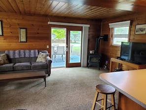 Smart TV, fireplace, books, stereo