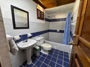 Une salle de bain équipée d’un lavabo, de toilettes et d’une douche.