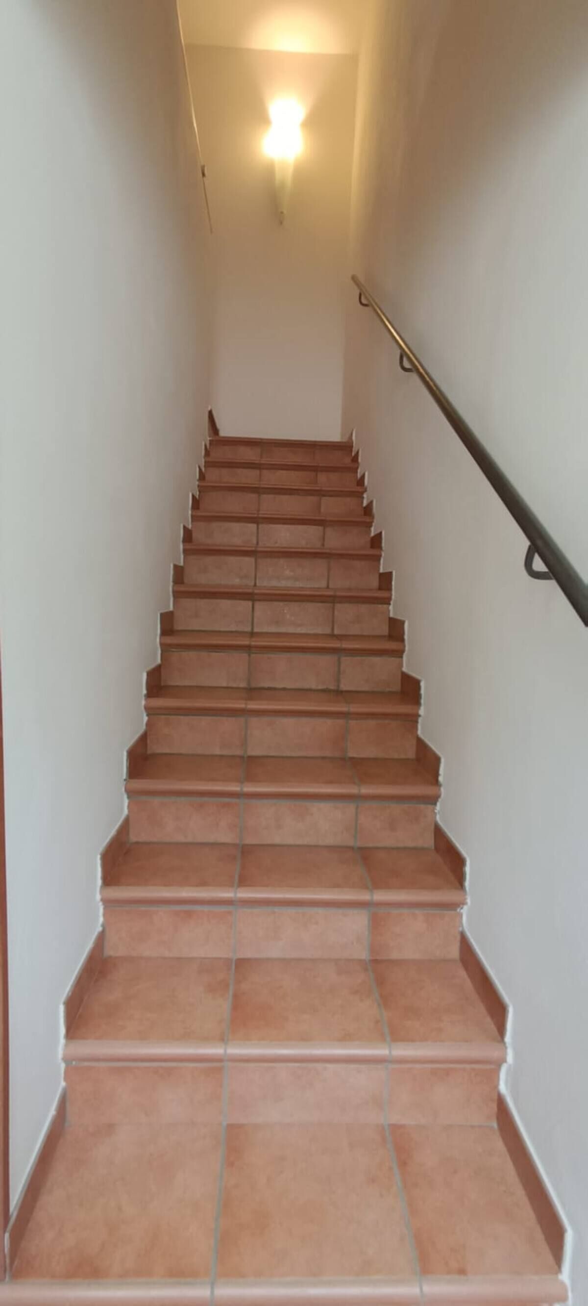 A staircase with a handrail, leading upwards.