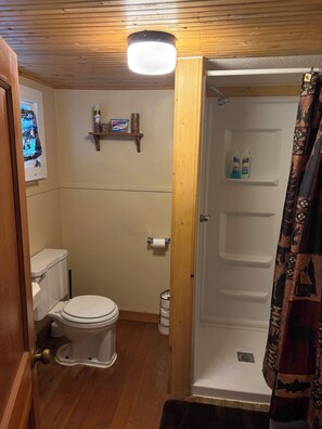 Shower, towels, soap, toilet paper