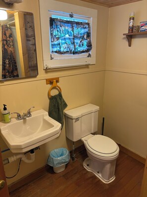 A bathroom with a sink, toilet, and window with a forest scene.