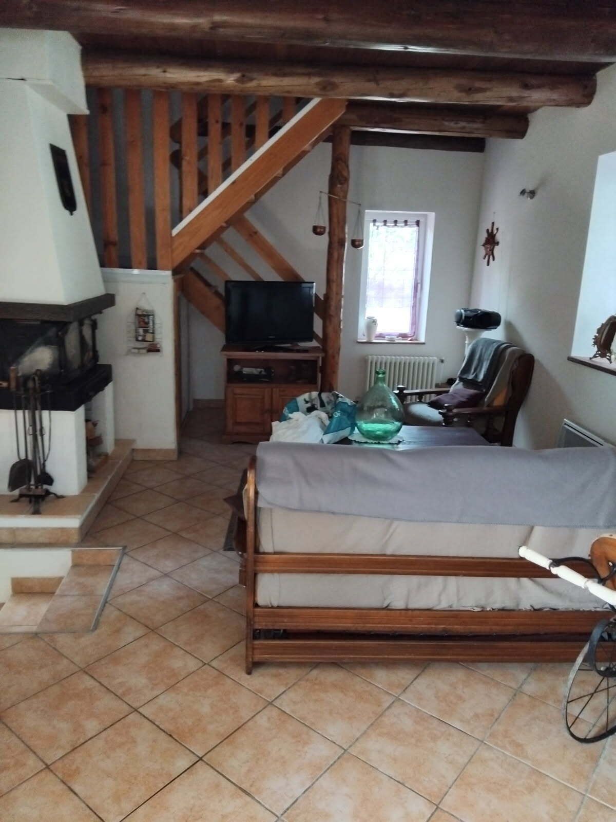 TV, fireplace, books