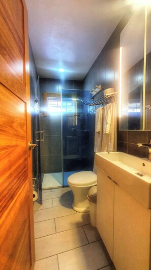 Dusche, Haartrockner, Handtücher, Seife