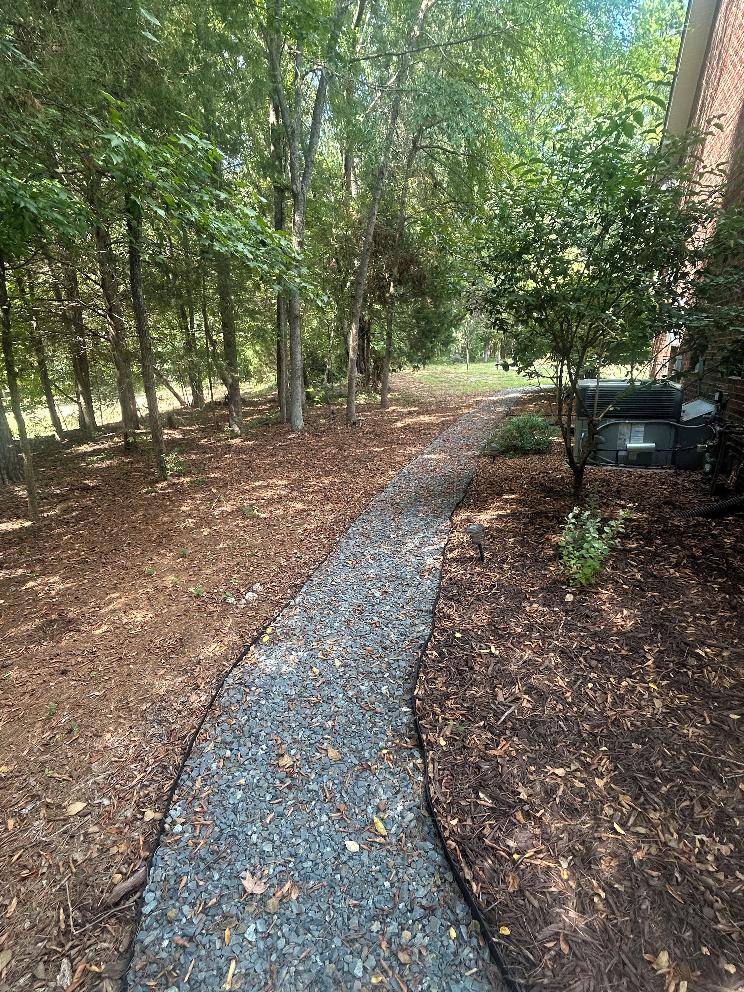 Un sendero pavimentado bordeado de árboles y mantillo, que conduce a un edificio con fachada de ladrillo.