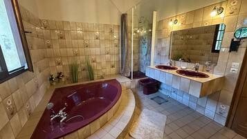 Hair dryer, bidet, towels, soap