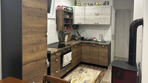 A compact kitchen with wooden cabinets, a built-in oven, a stove, and a small sink. - Terrific villa with AC in charming Sarajevo (Sarajevo)