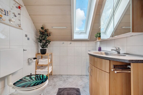 A modern bathroom with a skylight, a toilet with a leaf-patterned seat, a sink, and wooden cabinets.