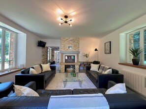 智能電視、壁爐、書籍