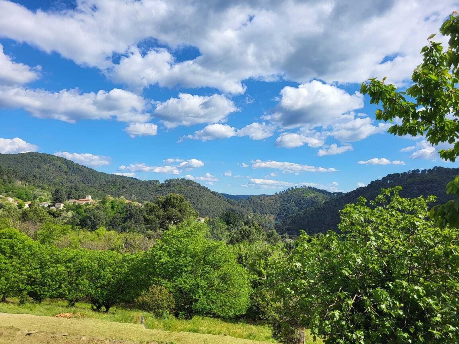 A rural landscape with rolling hills, scattered trees, and a clear blue sky with clouds.