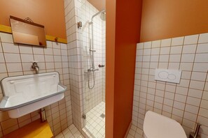 Shower, hair dryer, shampoo