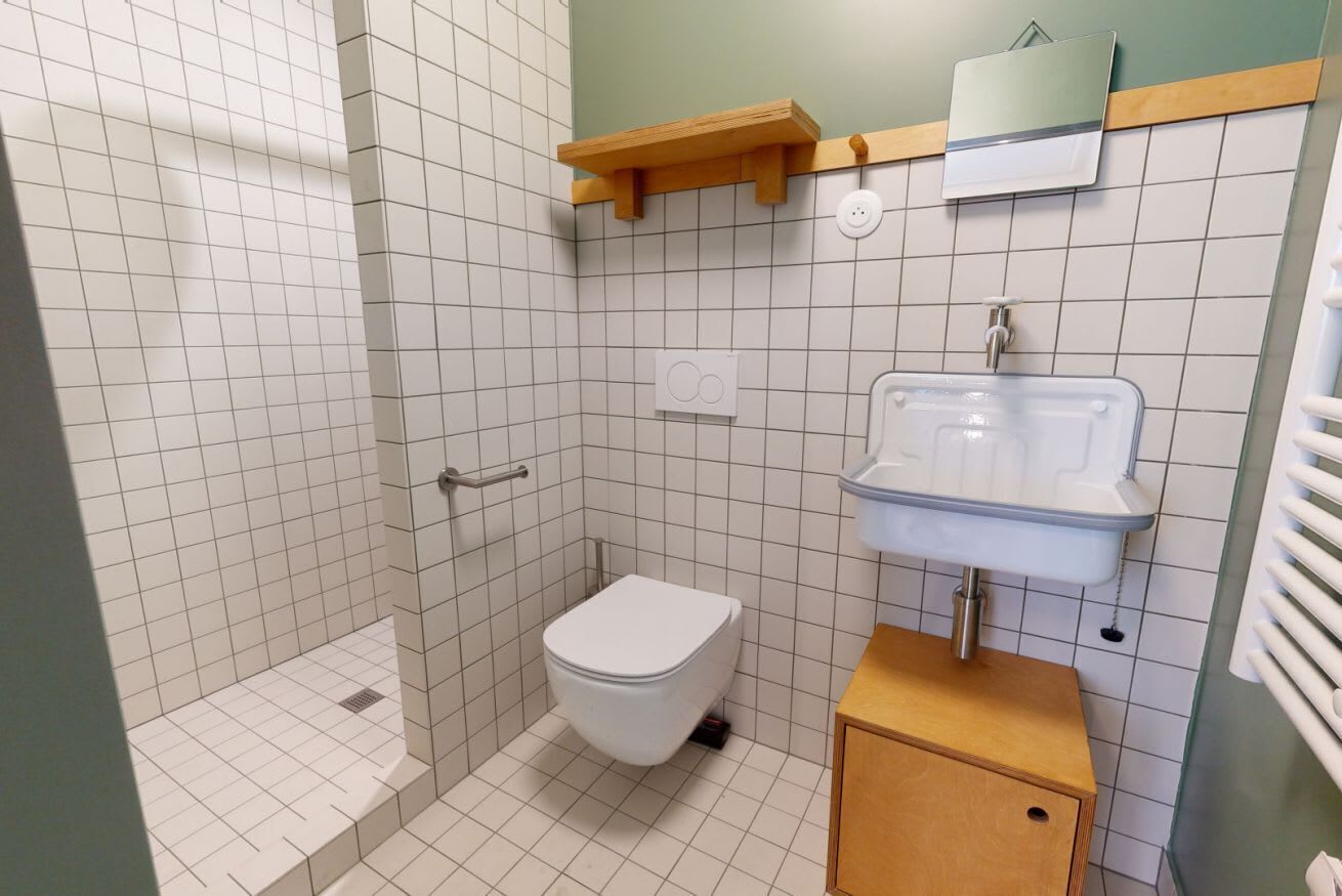 Een badkamer met toilet, douche en wastafel.