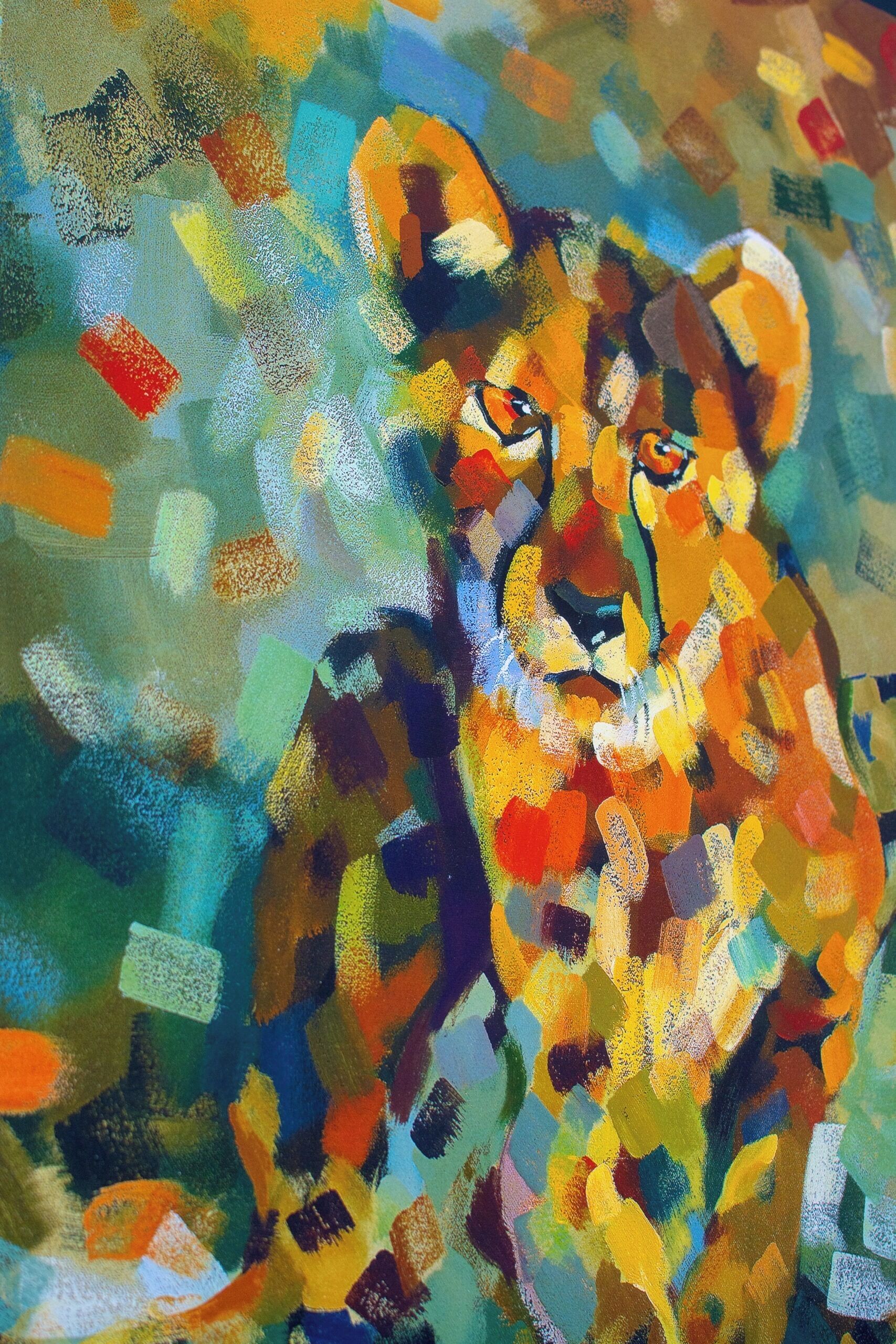 A colorful abstract painting with a focus on geometric shapes and vibrant colors.