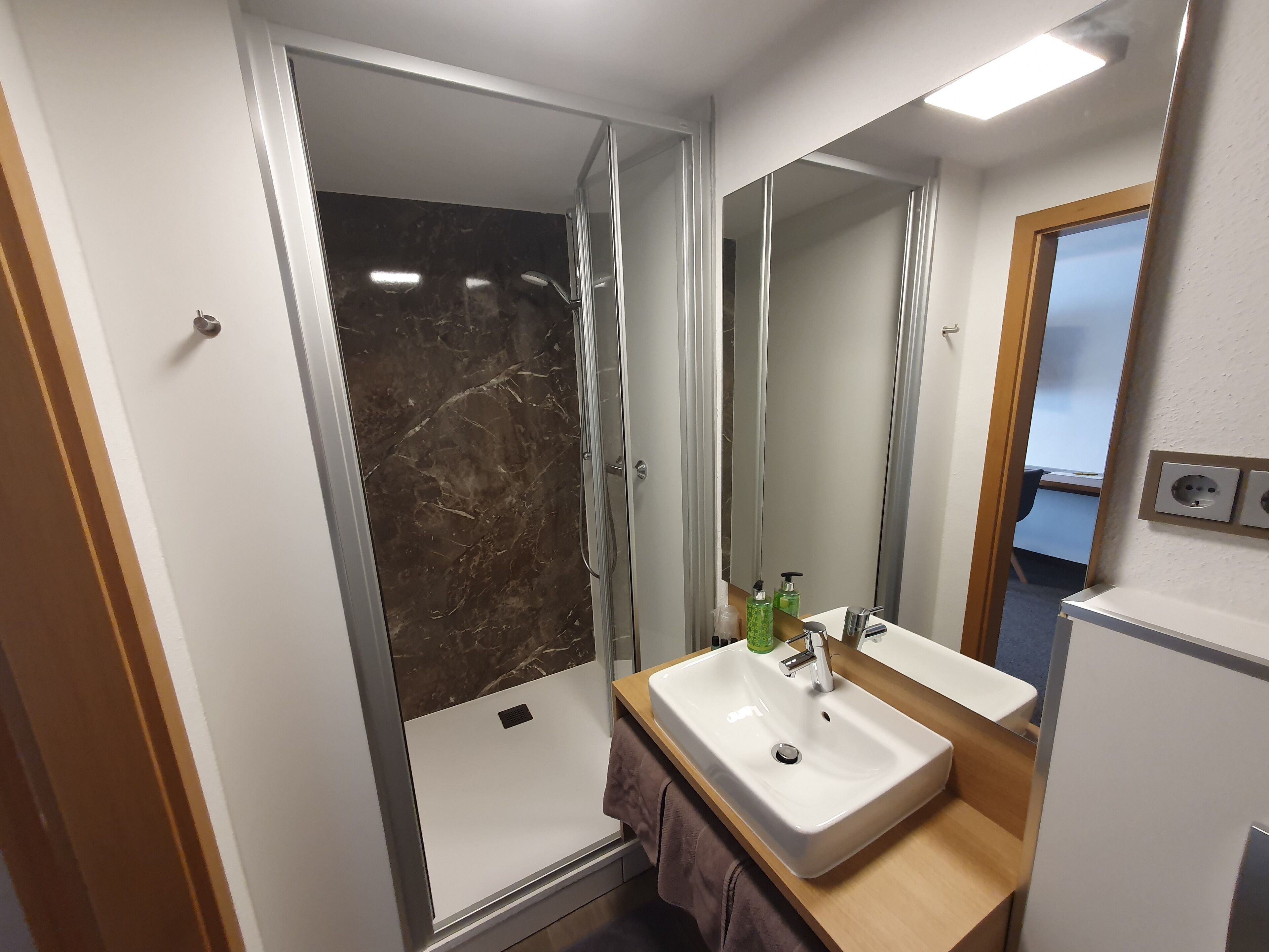 A modern bathroom with a shower, a sink, and a mirror.